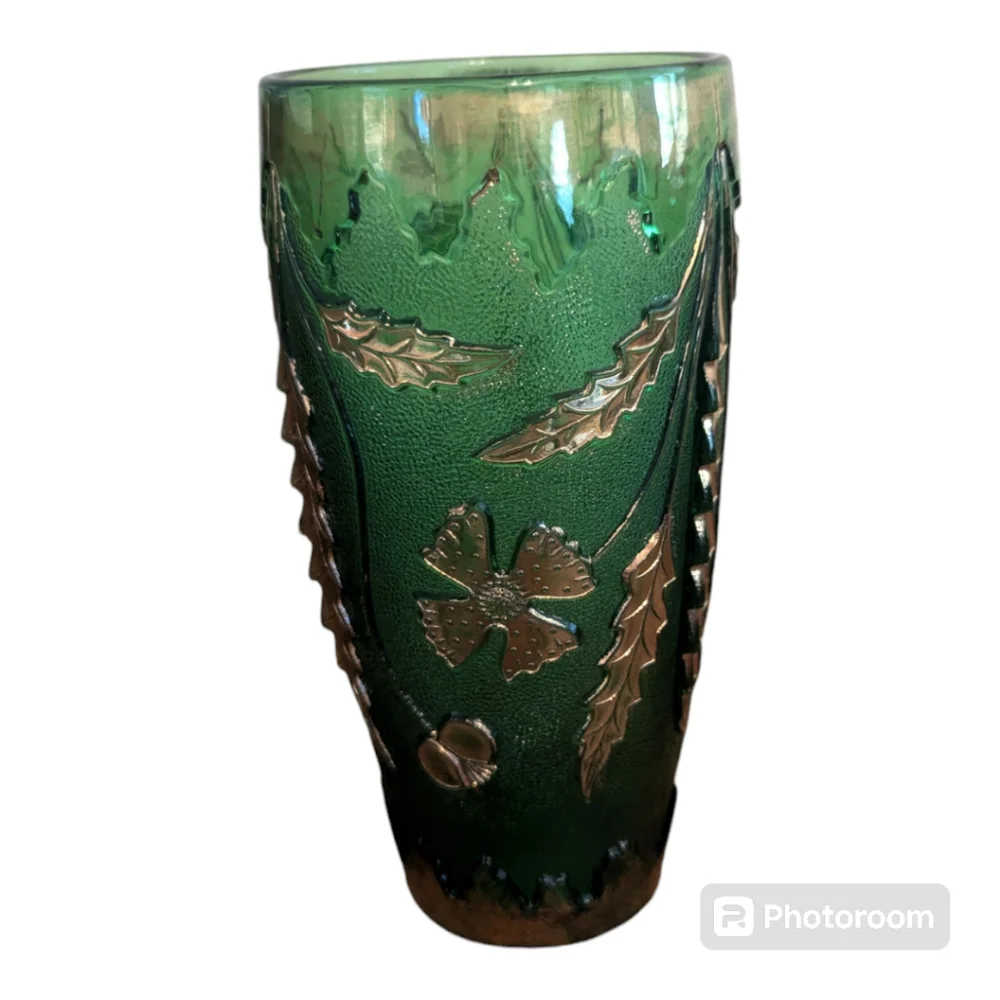 Antique 1899 EAPG USA Glass Co Emerald Green Gold #15065  Delaware Pattern Vase